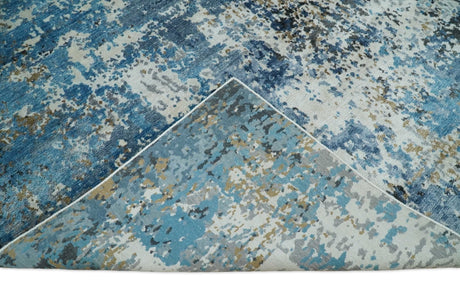Hand Knotted 8x10 Blue and Ivory Modern Abstract Bamboo Silk Area Rug