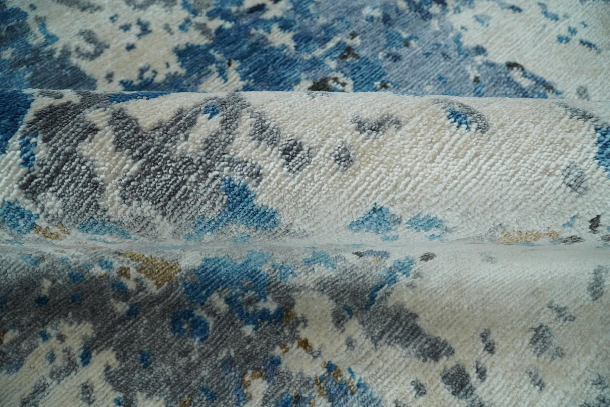 Hand Knotted 8x10 Blue and Ivory Modern Abstract Bamboo Silk Area Rug