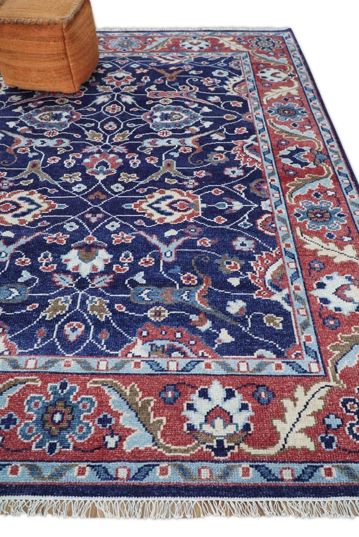 Hand Knotted 8x10 Blue and Rust Traditional Persian Oushak Area Rug