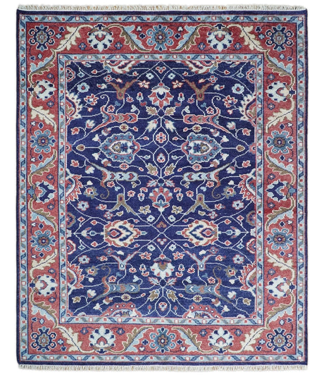 Hand Knotted 8x10 Blue and Rust Traditional Persian Oushak Area Rug