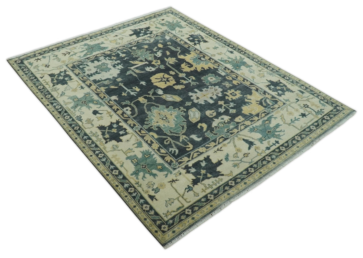 Hand Knotted 8x10 Charcoal, Ivory and Beige Traditional Oushak wool area rug