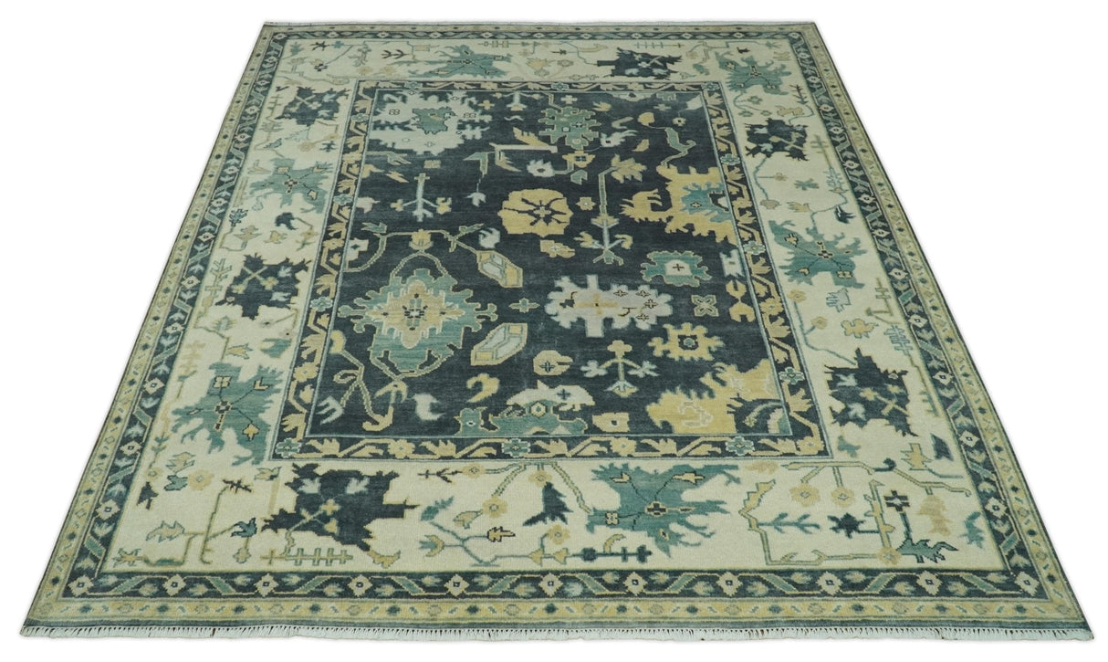 Hand Knotted 8x10 Charcoal, Ivory and Beige Traditional Oushak wool area rug