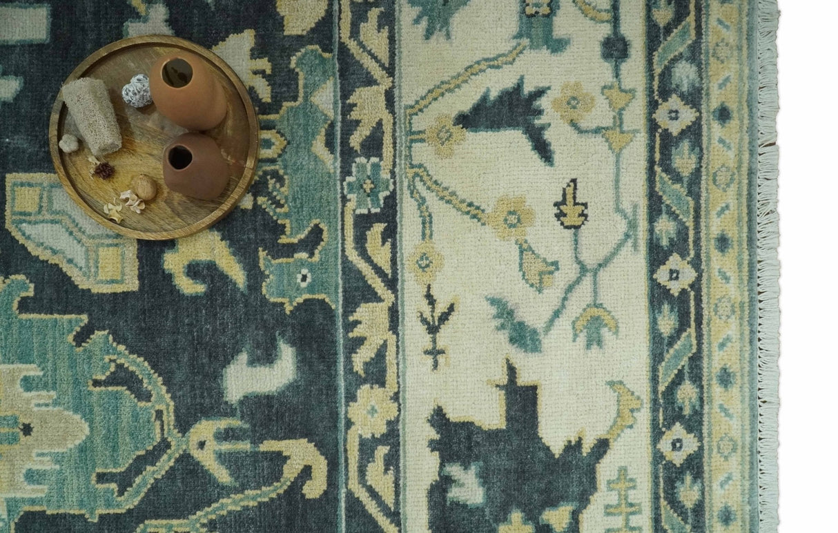 Hand Knotted 8x10 Charcoal, Ivory and Beige Traditional Oushak wool area rug