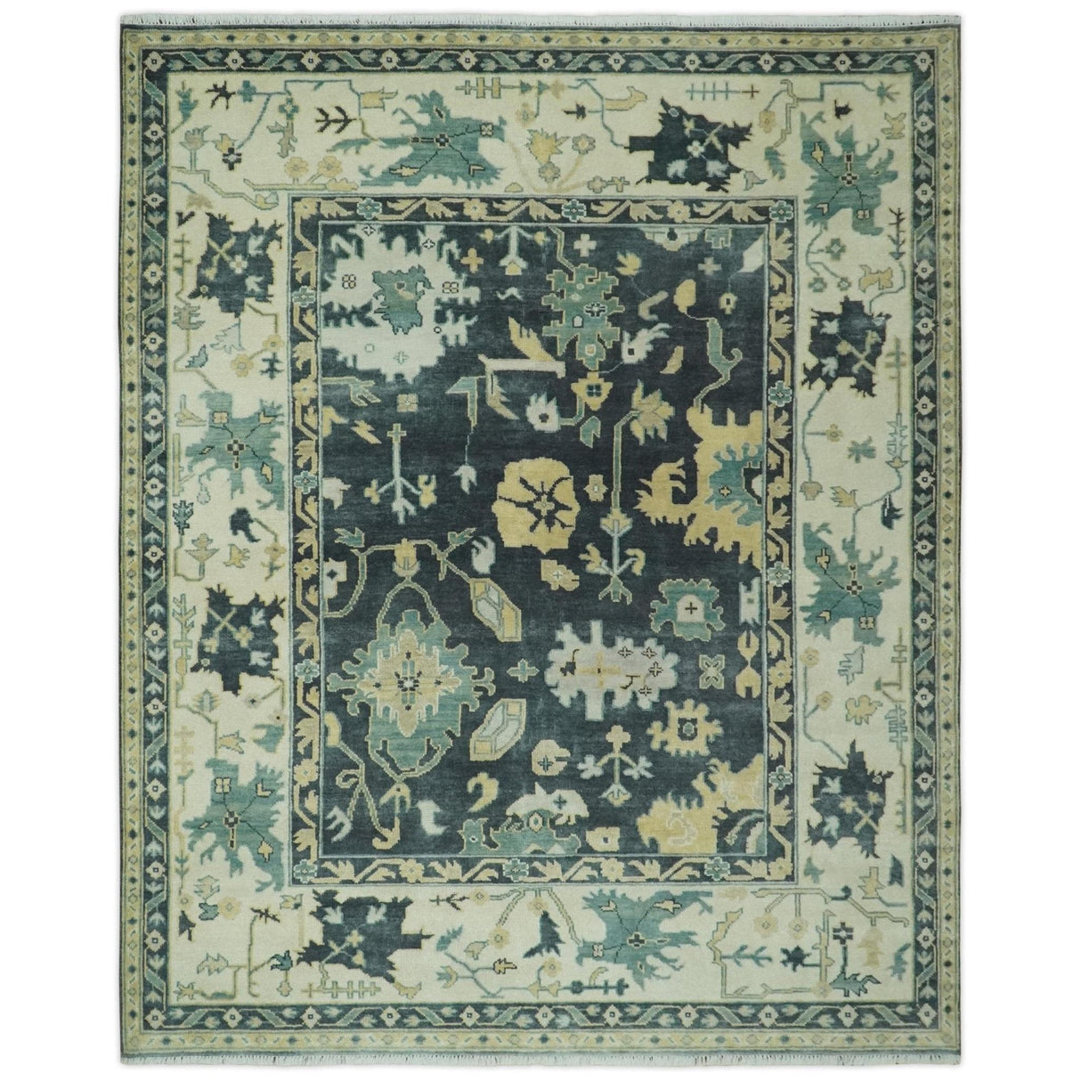 Hand Knotted 8x10 Charcoal, Ivory and Beige Traditional Oushak wool area rug