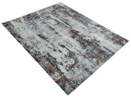Hand Knotted 8x10 Ivory And Brown Modern Abstract bamboo Silk Area Rug