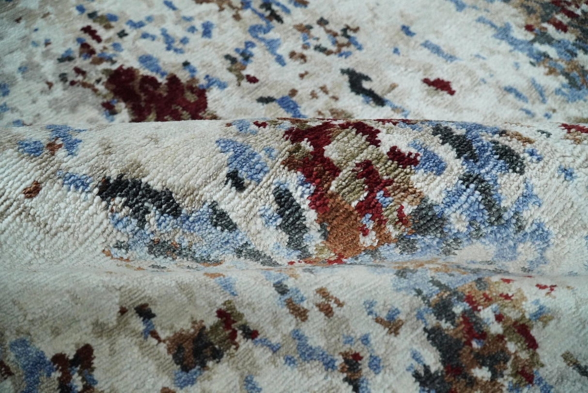Hand Knotted 8x10 Ivory And Brown Modern Abstract bamboo Silk Area Rug