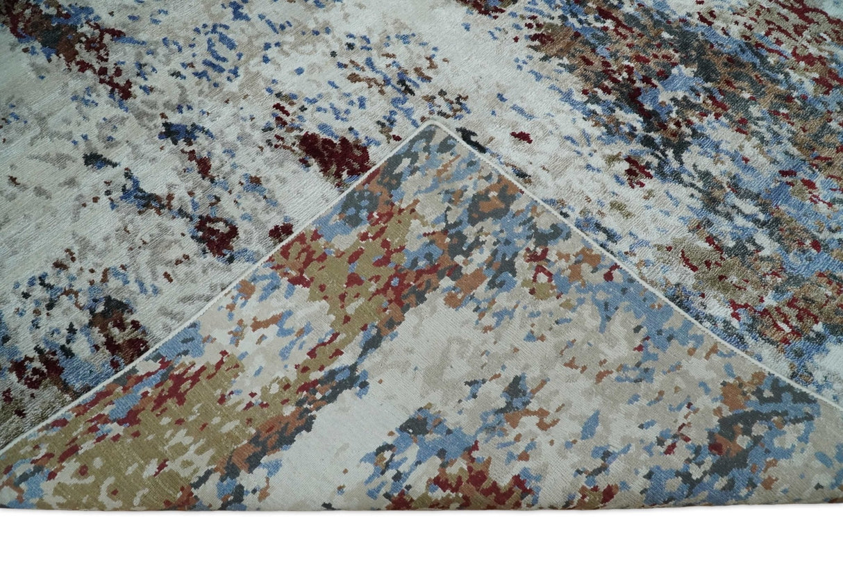 Hand Knotted 8x10 Ivory And Brown Modern Abstract bamboo Silk Area Rug