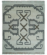Hand Knotted 8x10 Ivory and Charcoal Wool Traditional Tribal Art Antique South Western Rug | TRDCP1292810-Area Rug-Parc Decor