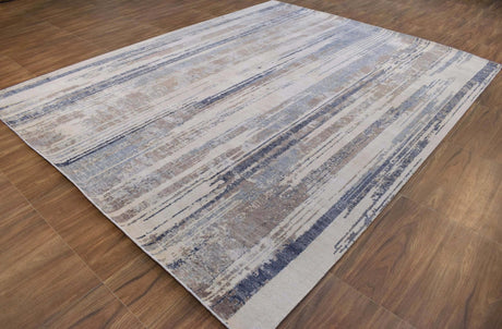 Hand Knotted 8x10 Modern Abstract Blue And Beige Bamboo Silk Area Rug