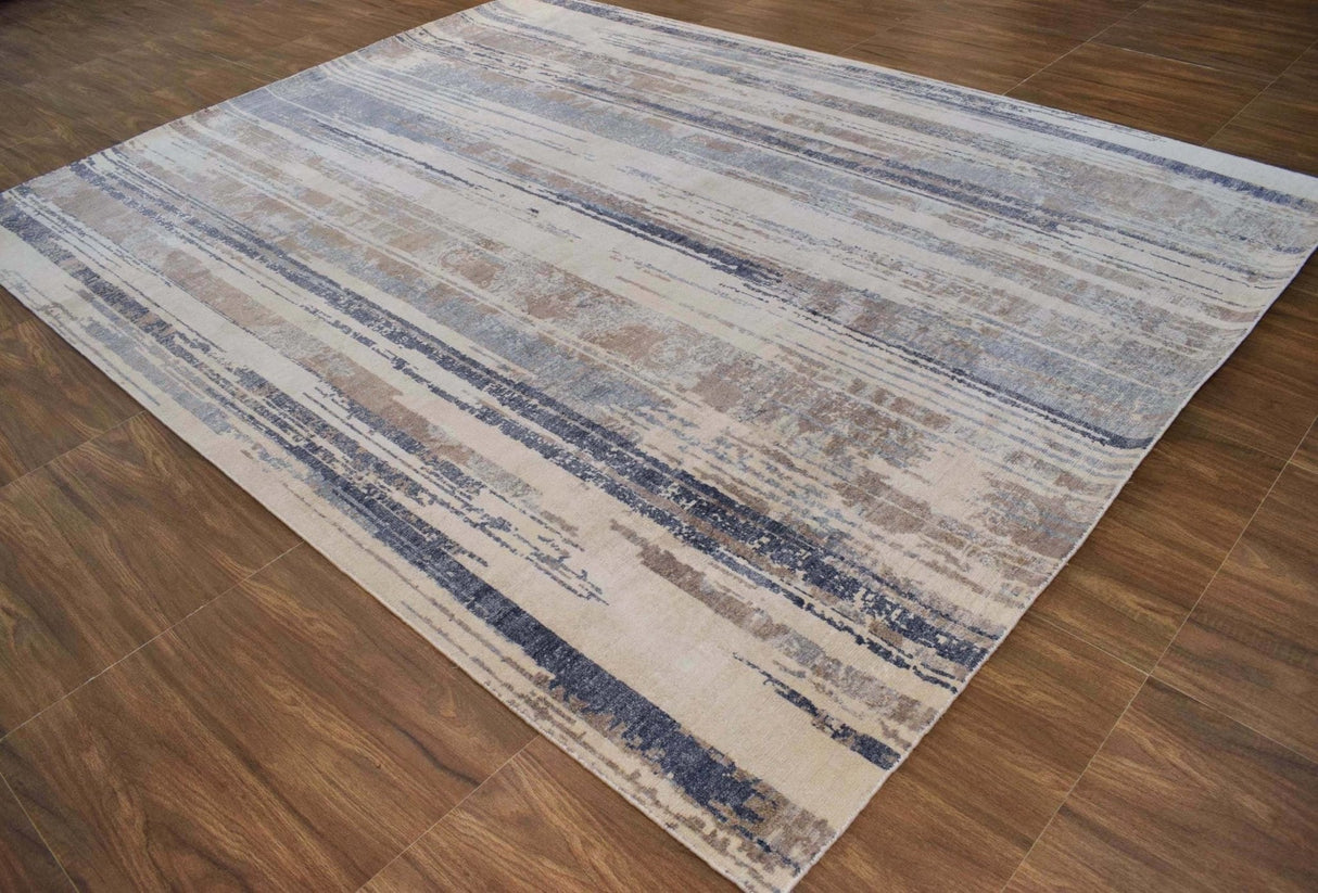 Hand Knotted 8x10 Modern Abstract Blue And Beige Bamboo Silk Area Rug
