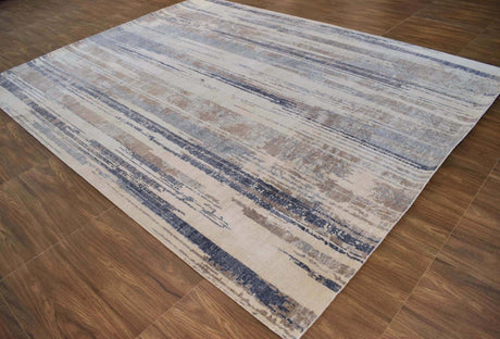 Hand Knotted 8x10 Modern Abstract Blue And Beige Bamboo Silk Area Rug