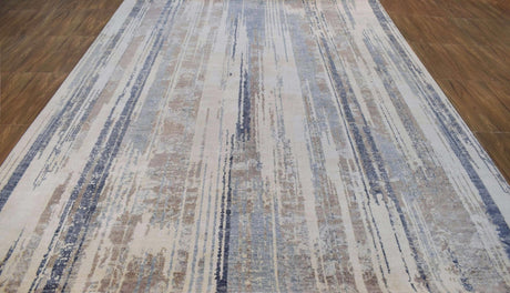 Hand Knotted 8x10 Modern Abstract Blue And Beige Bamboo Silk Area Rug