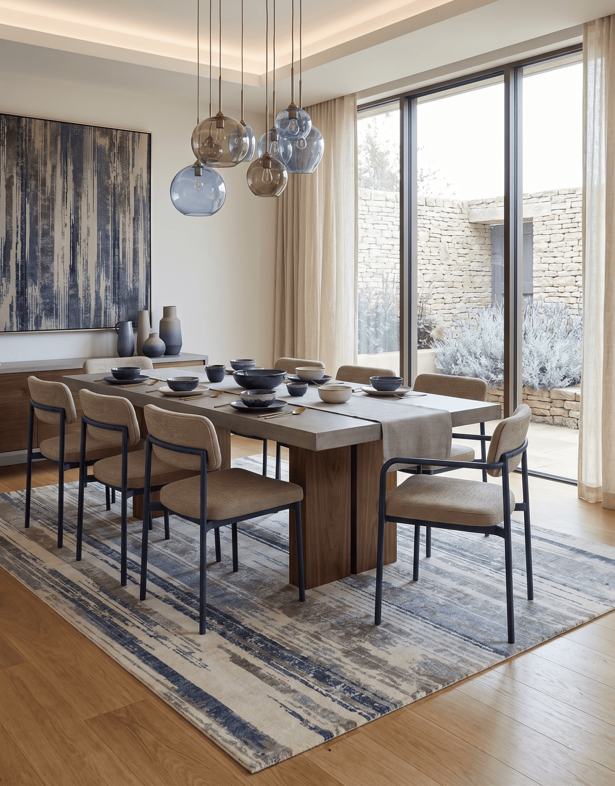 Hand Knotted 8x10 Modern Abstract Blue And Beige Bamboo Silk Area Rug