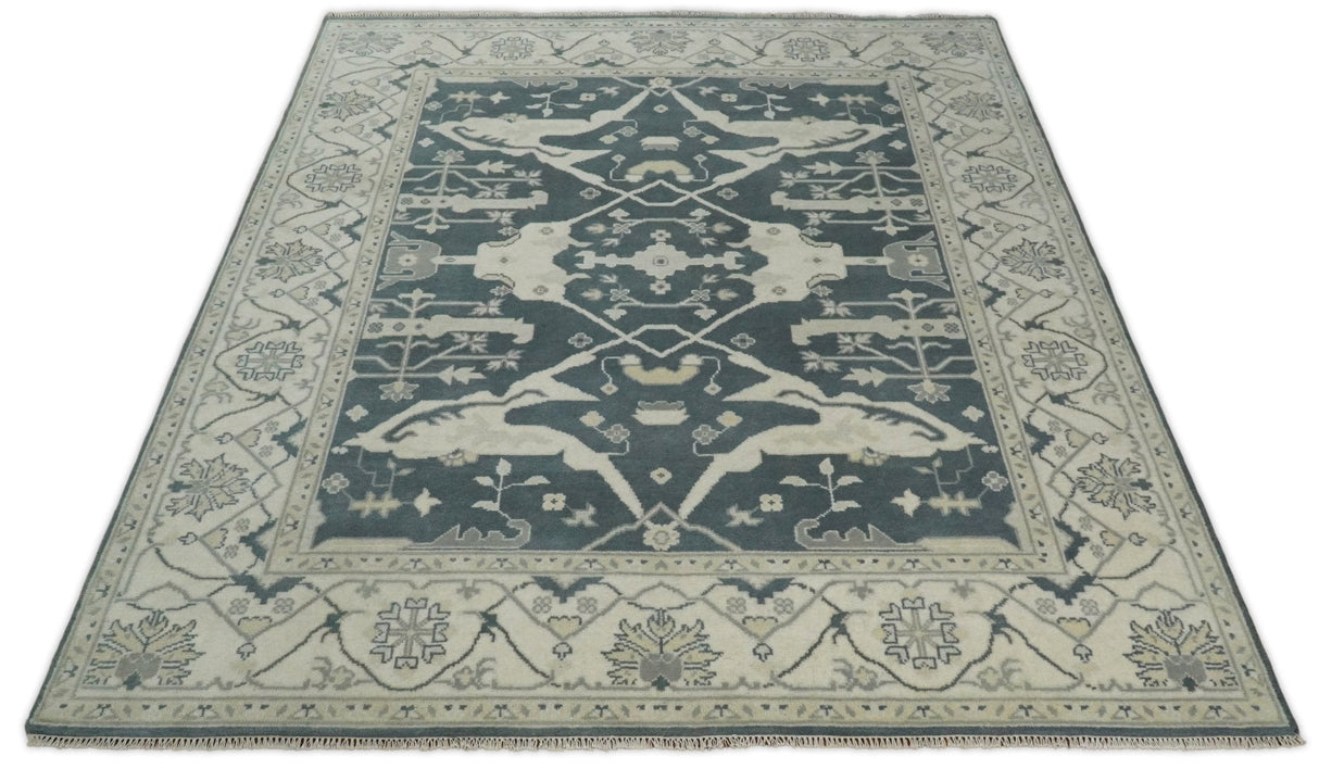 Hand Knotted 8x10 Oriental Oushak Teal and Beige Wool Area Rug