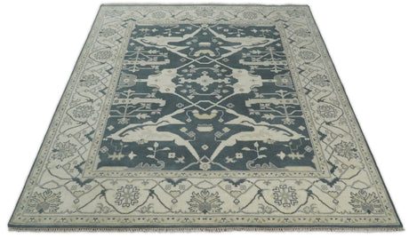 Hand Knotted 8x10 Oriental Oushak Teal and Beige Wool Area Rug