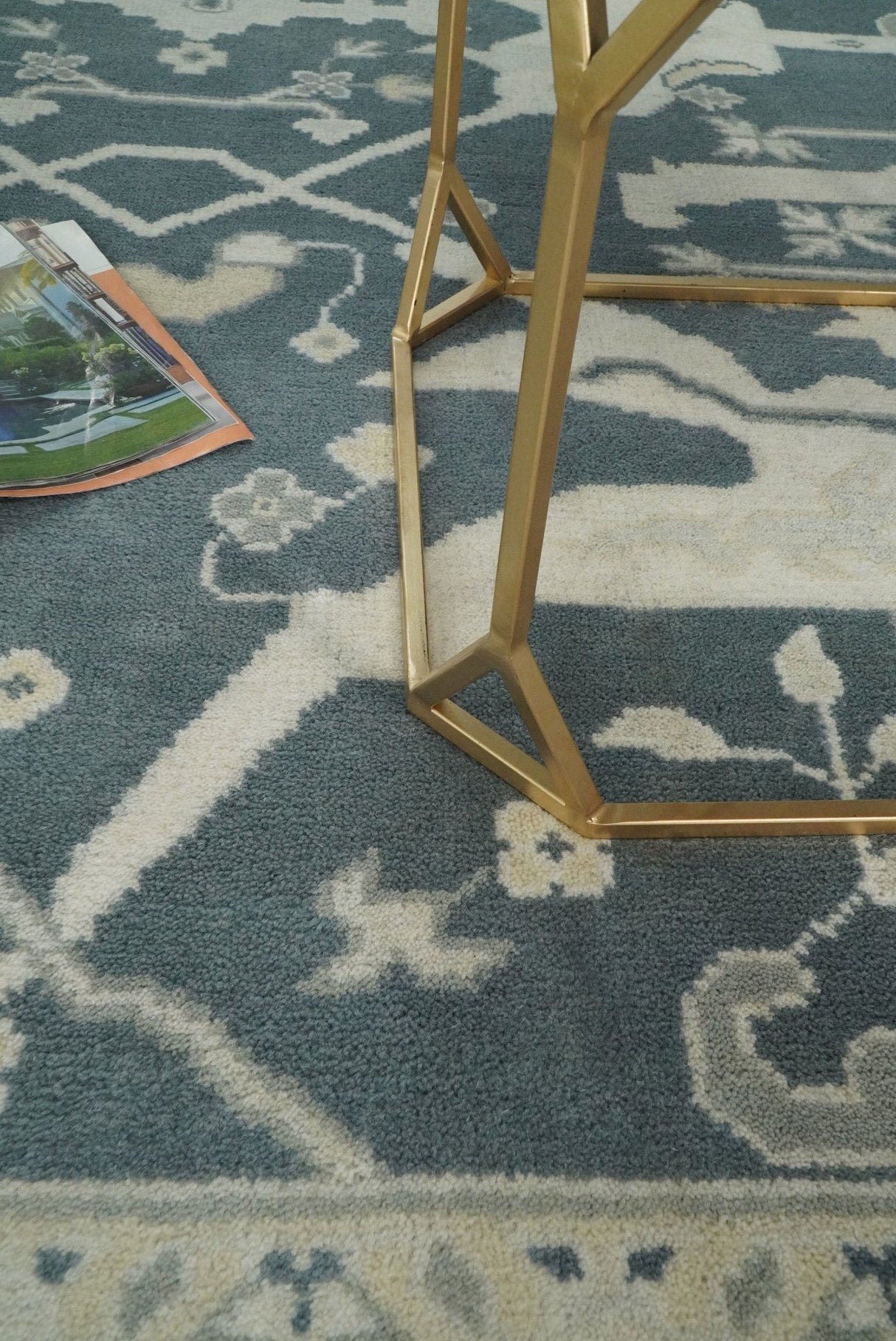 Hand Knotted 8x10 Oriental Oushak Teal and Beige Wool Area Rug