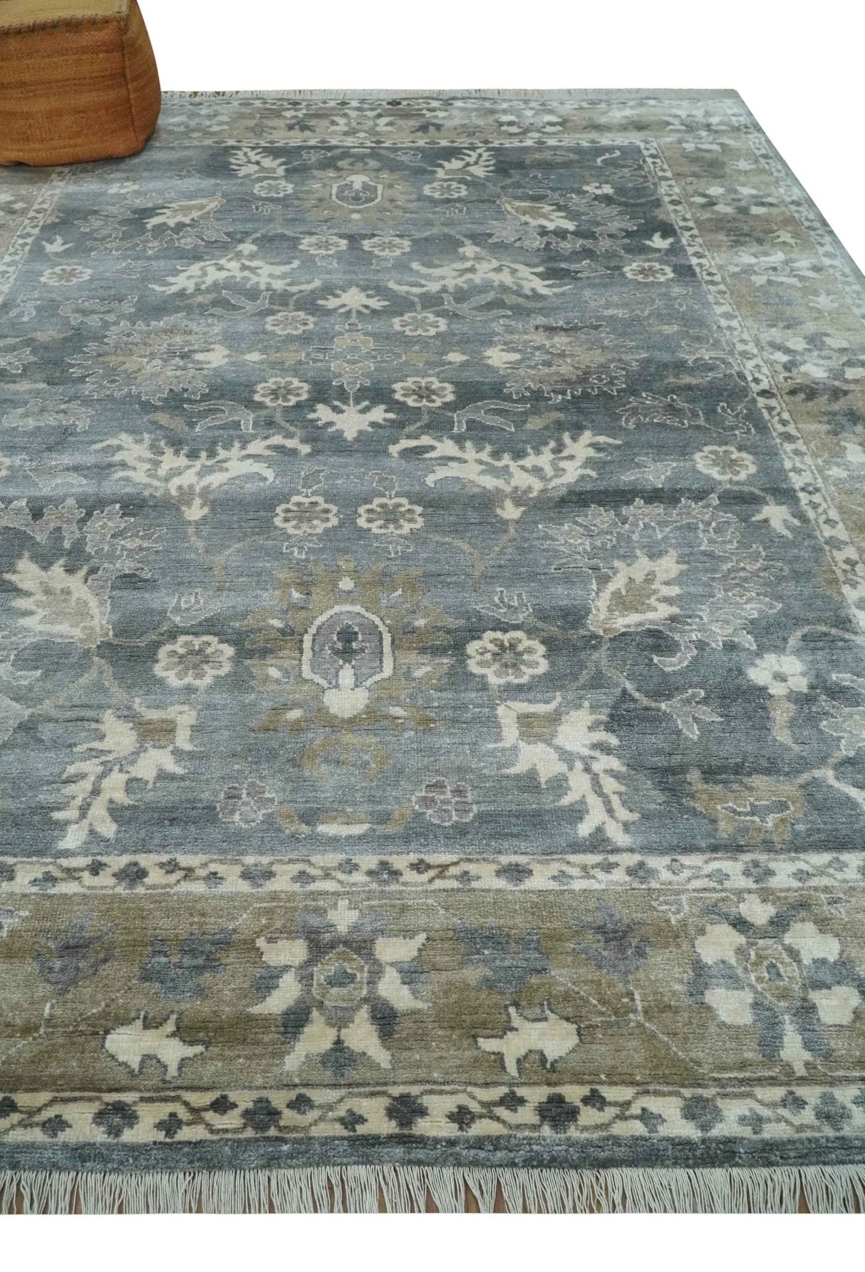Hand Knotted 9x12 Charcoal, Ivory and Beige Antique Floral Traditional Bamboo Silk Area Rug