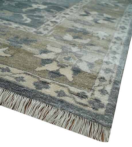 Hand Knotted 9x12 Charcoal, Ivory and Beige Antique Floral Traditional Bamboo Silk Area Rug