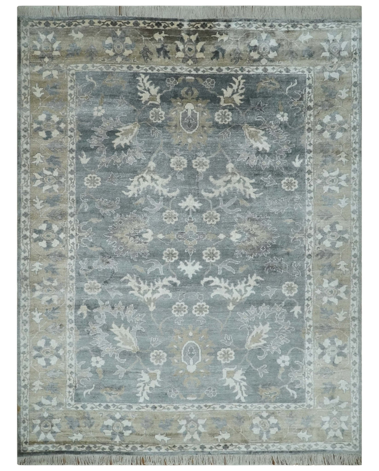 Hand Knotted 9x12 Charcoal, Ivory and Beige Antique Floral Traditional Bamboo Silk Area Rug
