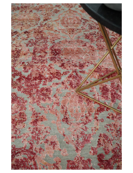 Hand Knotted 9x12 Pink and Silver Modern Abstract Bamboo Silk and Wool Area Rug
