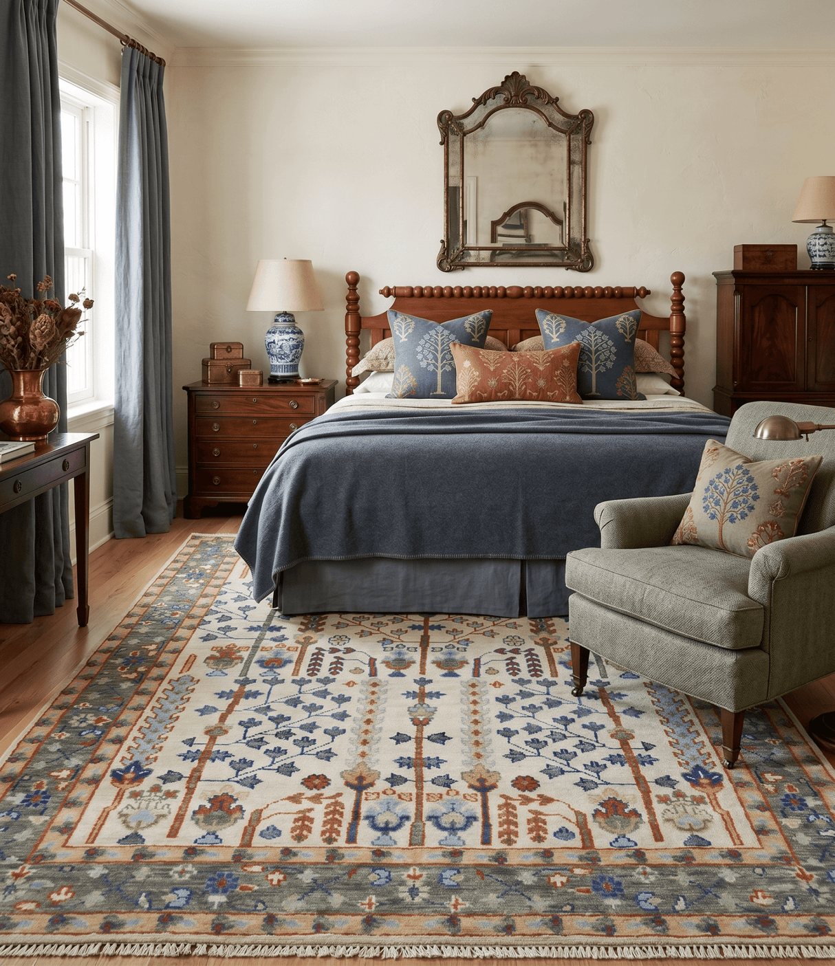 Hand Knotted Antique Ivory, Blue and Gray Traditional Style Oushak Wool Rug