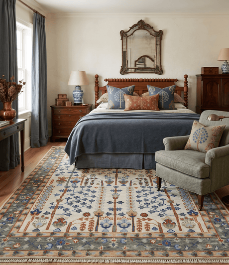 Hand Knotted Antique Ivory, Blue and Gray Traditional Style Oushak Wool Rug