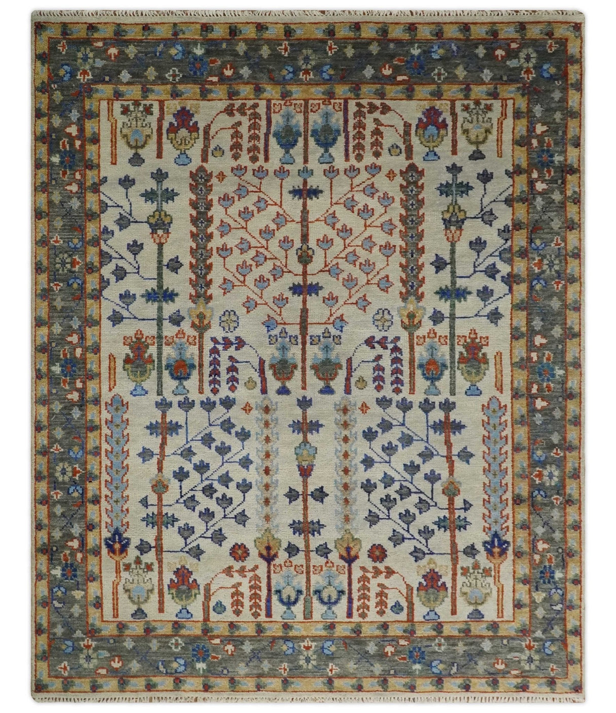 Hand Knotted Antique Ivory, Blue and Gray Traditional Style Oushak Wool Rug