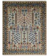 Hand Knotted Antique Ivory, Blue and Gray Traditional Style Oushak Wool Rug