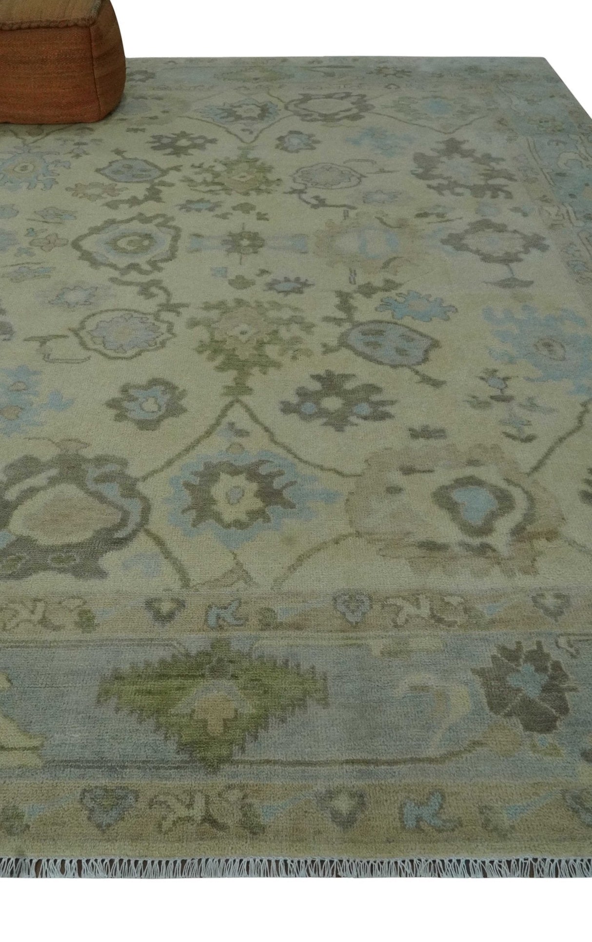 Hand Knotted Antique Style Beige and Silver Traditional Multi Size Oushak Wool Rug