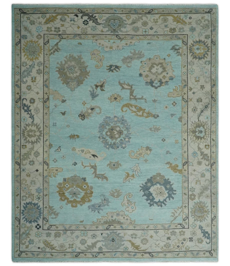 Hand Knotted Aqua, Beige and Ivory Traditional Oushak Wool Rug