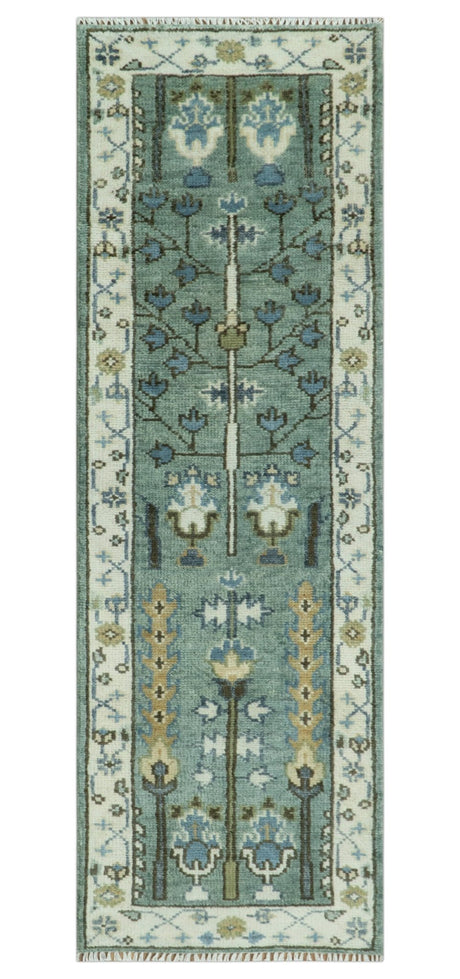 Hand Knotted Aqua Green and Ivory Traditional Turkish Vintage Style Multi Size Wool Area Rug