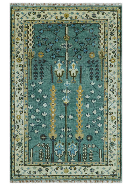 Hand Knotted Aqua Green and Ivory Traditional Turkish Vintage Style Multi Size Wool Area Rug