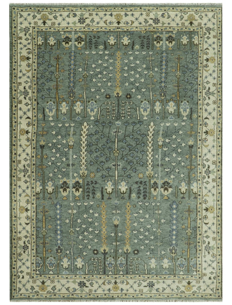 Hand Knotted Aqua Green and Ivory Traditional Turkish Vintage Style Multi Size Wool Area Rug