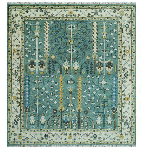Hand Knotted Aqua Green and Ivory Traditional Turkish Vintage Style Multi Size Wool Area Rug