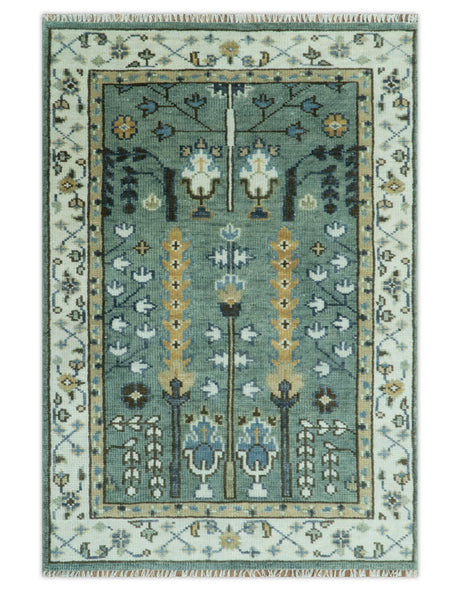 Hand Knotted Aqua Green and Ivory Traditional Turkish Vintage Style Multi Size Wool Area Rug