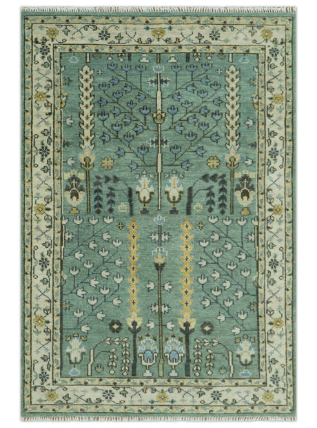 Hand Knotted Aqua Green and Ivory Traditional Turkish Vintage Style Multi Size Wool Area Rug