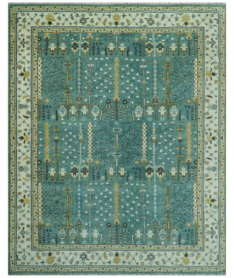 Hand Knotted Aqua Green and Ivory Traditional Turkish Vintage Style Multi Size Wool Area Rug