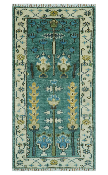 Hand Knotted Aqua Green and Ivory Traditional Turkish Vintage Style Multi Size Wool Area Rug
