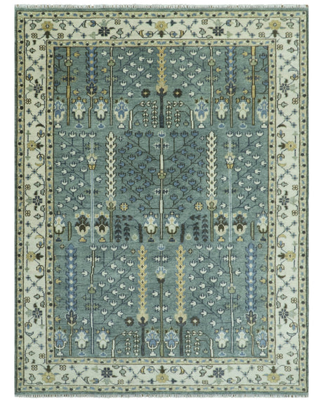 Hand Knotted Aqua Green and Ivory Traditional Turkish Vintage Style Multi Size Wool Area Rug