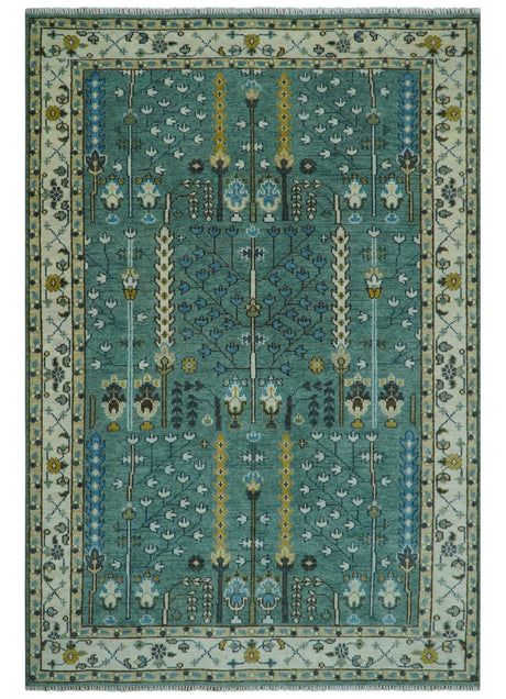 Hand Knotted Aqua Green and Ivory Traditional Turkish Vintage Style Multi Size Wool Area Rug