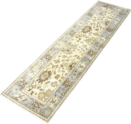 Hand Knotted Beige and Blue Antique Oushak Wool Runner Rug-Area Rug-Parc Decor