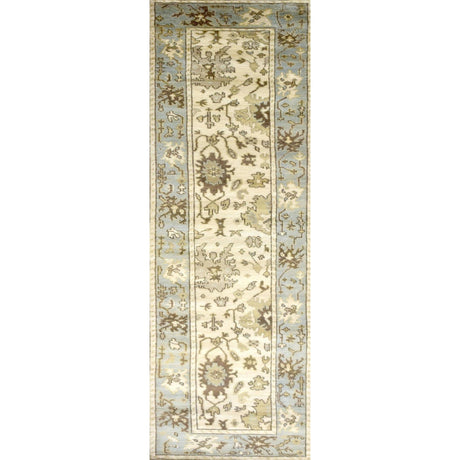 Hand Knotted Beige and Blue Antique Oushak Wool Runner Rug-Area Rug-Parc Decor