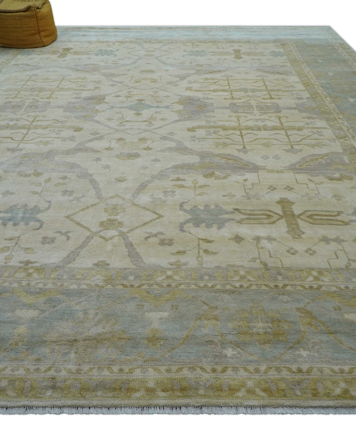 Hand Knotted Beige And Blue Traditional Oushak Design 12x15 Wool Rug