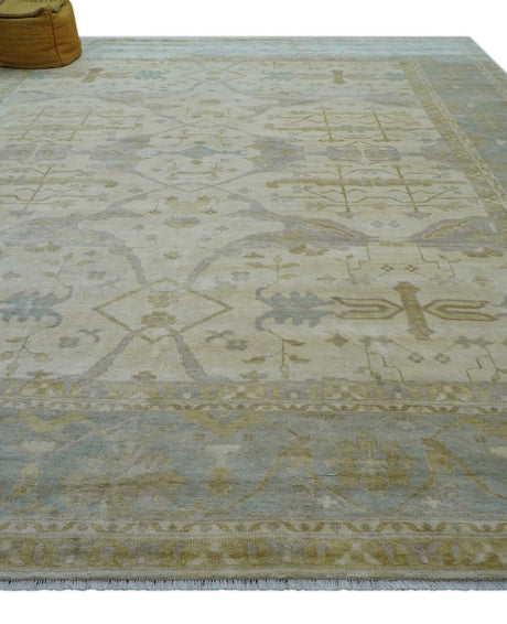 Hand Knotted Beige And Blue Traditional Oushak Design 12x15 Wool Rug