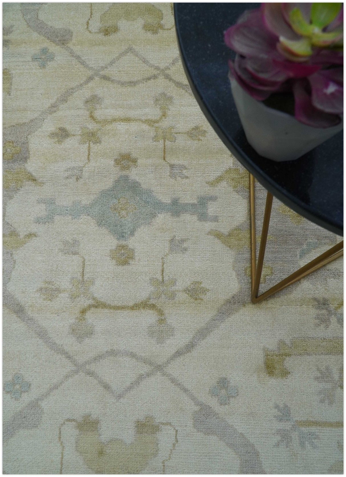 Hand Knotted Beige And Blue Traditional Oushak Design 12x15 Wool Rug