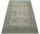 Hand Knotted Beige And Blue Traditional Oushak Design 6x9 Wool Rug