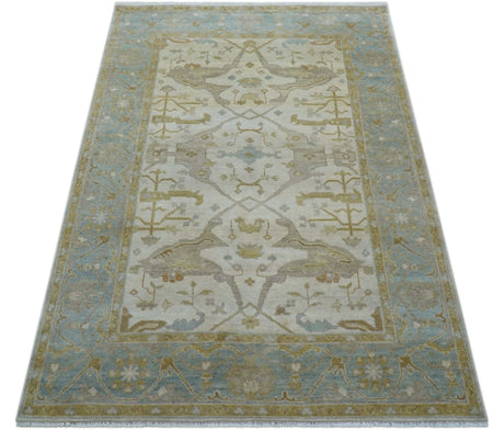 Hand Knotted Beige And Blue Traditional Oushak Design 6x9 Wool Rug