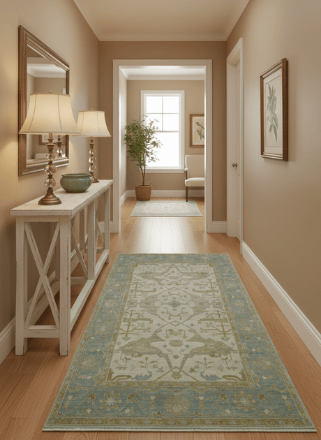 Hand Knotted Beige And Blue Traditional Oushak Design 6x9 Wool Rug