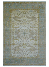 Hand Knotted Beige And Blue Traditional Oushak Design 6x9 Wool Rug