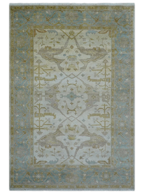 Hand Knotted Beige And Blue Traditional Oushak Design 6x9 Wool Rug
